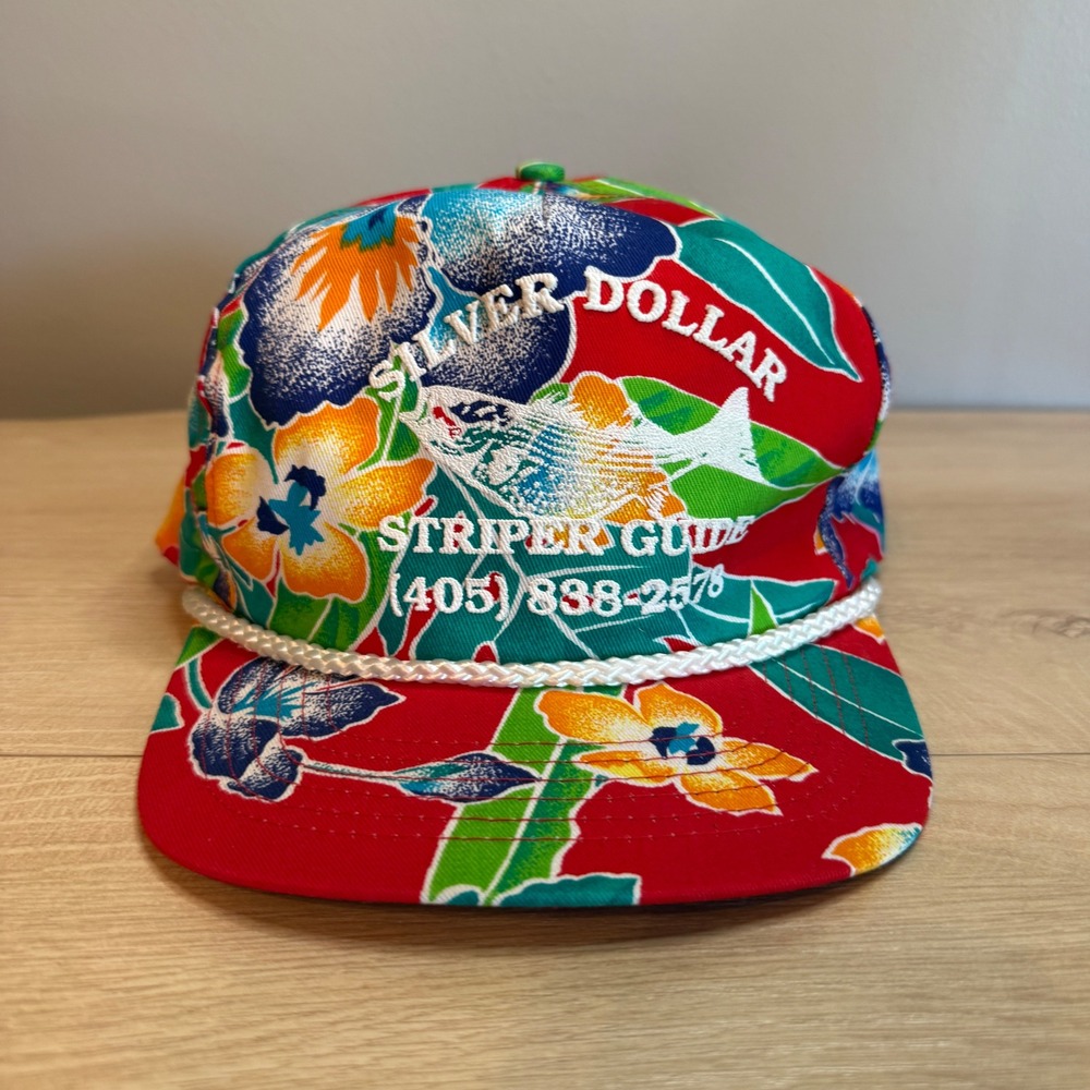 Vintage San Sun Silver Dollar Striper Guide Floral Rope Trucker Hat Snapback Red